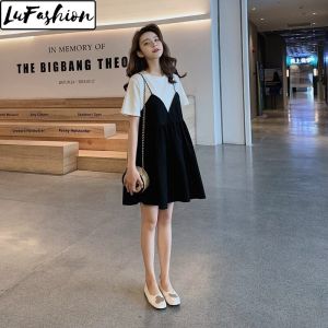 LuFashion Dress Womens Short Sleeve Fake Two Pieces Loose Summer Casual Dress