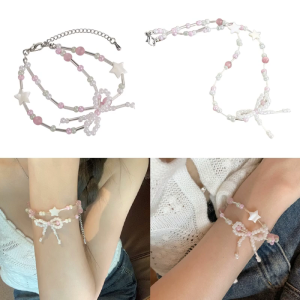 Romantic-Crystal Beaded Bracelet Elegant Handchain for Special Occasions Bowknot Star Bead Wristband Necklace