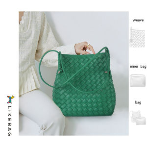 LIKEBAG Woven Tote Bag Large Capacity PU Leather Underarm Bag Soft Leather Bucket Bag Ladies Shoulder Bag with Small Bag