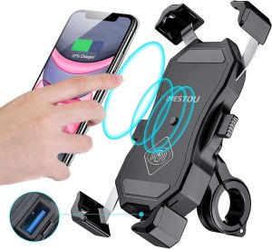iMESTOU Motorcycle Wireless 15W Qi/USB Quick Charger 3.0 Phone Holder 2 in 1 Mount on 22-32mm Handlebar or Rear-View Mirror Fast Charging for 3.5-6.8 inch Cellphones