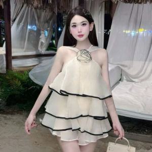 MK_Đầm thiết kế đi tiệc đầm cổ yếm xinh đầm nữ chất Tơ Sóng cổ yếm dáng ngắn đính bông dễ thương