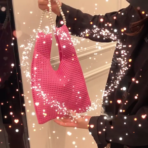 Creative Hollow Out Knitted Small Handbag for Women Summer Fashion Beaded Chain Underarm Bags Girls Casual Bucket Bag