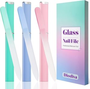 Diodiva Glass Nail File 3 Pack with Case for Natural Nails Fingernail Files Etched Tempered Glass Double-Sided Crystal Nail Files Fine Grit Gentle Nail Care Prevent Splitting Stocking Stuffers Gifts