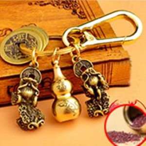 Twelve Zodiac Double Pixiu Gourd Key Cahin Feng Shui Brass Zodiac Copper Gourd Keychain Chinese Five Emperors Coins Lucky Pendant Meaning Good Wealth Booster Cinnabar