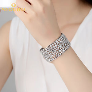 SEQUITO Super Luxury White Gold Plated Hand Inlaid Sparkling AAA CZ Zircon Wide Bracelet Women Bridal Party Bangle Jewelry for Wedding Engagement Gift B166