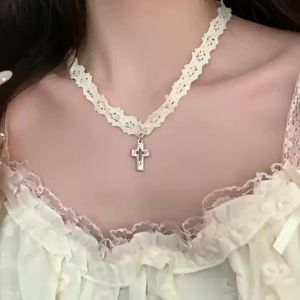 Sweet Cool Hollow Cross Pendant Lace Strap Choker Necklace for Girls Clavicle Chain Jewelry Party Gift for Women