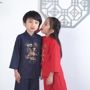 Boy Cotton Line Tang Clothes Long Sleeve Hanfu Set Child Chinese Style Shirt&pants 2Pcs Outfit Embroider Dragon Kongfu Costume2026