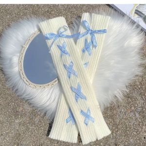 【♡Lovely girls house♡】ถุงเท้ายาวแบบกอธิคสไตล์ญี่ปุ่นสำหรับผู้หญิงหญิงสาวโบว์ริบบิ้นที่อุ่นข้อเท้าถุงเท้าระดับเข่าถักแขนเสื้อฤดูหนาว