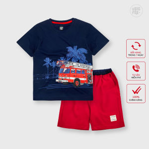 Bộ bé trai cộc tay size đại BIGFOX - MISS MEOW chất liệu cotton mềm mịn họa tiết xe cứu hỏa size trẻ em 34567891011 tuổi 12-40kg