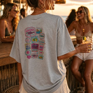[Local Stock] HBESTY  Retro Patchwork Sardine Labels Vintage Coastal Fish Palm Tree Anchor Heart Text Crew Neck Short Sleeve Relaxed Breathable Tops