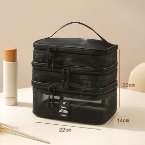 OWTWO 3 Layer Cosmetic Bag Large Capacity Multifunctional Make Up Organizer Bag  Transparent Mesh Toiletry Storage Bag Women
