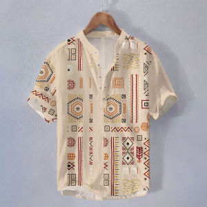 Bohemian Floral Pattern Printed Stand-up Collar Polo Shirt for Men Retro Ethnic Loose Casual Oversized Stand-up Collar Outfit for Men