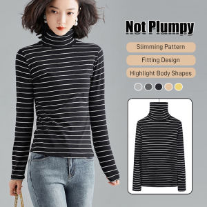 Womens Warm  Thermal Undershirt with Half Turtleneck and Stripe Pattern for Fall and Winter