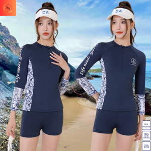 Bộ Đồ bơi nữ dáng đùi phối hoa xanh navy bikini Quảng Châu đồ bơi tay dài Bikini kín đáo Nes LDH02