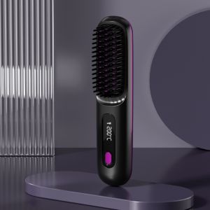 WININ Cordless Hair Straightener Brush 360°Anti-Scald USB Charging Ionic Straight Hair Comb Fashion LED Temperature Display Electric Heated Hair Comb for Women