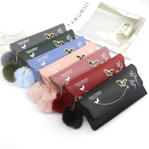 Fashionable New Women Long Wallets Pure Color Butterfly Designer Wool Ball Bow Clutch Bag Female Card Holder Handbag Coin Purse