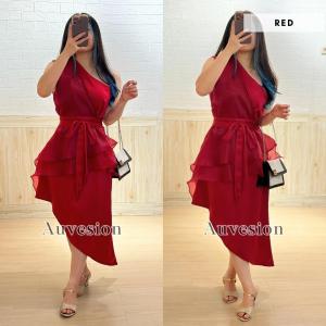 4953 Gabriella Organza One Shoulder Scuba Midi Dress Natal Pesta Wanita