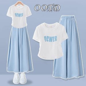 New Terno 2pcs Suit For Kids Girls 7-16 Yrs T-Shirts and Ice Silk Pants Breathable Soft Korean style T-Shirts and Ice Silk Pant  Breathable Soft Korean style School & Play Clothes