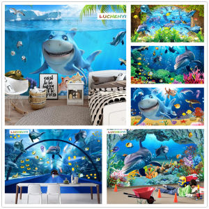 Custom 3d stereo undersea world shark dolphin cartoon kids wallpaperliving room tv wall childrens bedroom home decor restaurant bar mural sticker