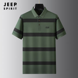 JEEP SPIRIT Mens Polo Shirt New Style Short Sleeve Striped T-shirt Pure Cotton Breathable Thin Short Sleeve Striped Color Inserted Polo Shirt Work T-shirt Men