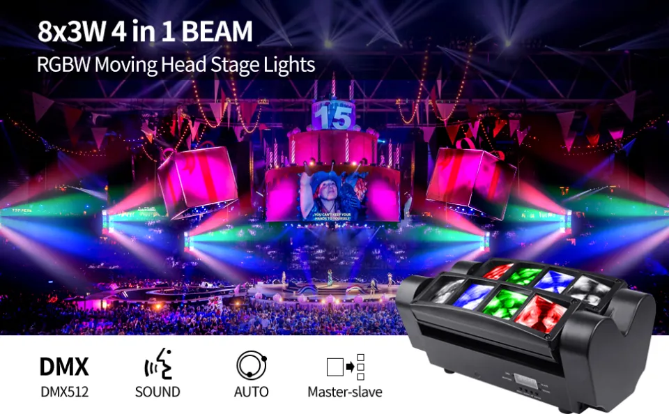 Moving Head DJ Light, 8 Beams Spider LED Stage Light, RGBW 4 in 1