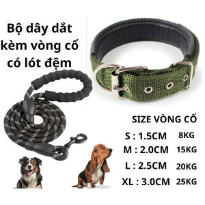(CÓ CHUÔNG) Vòng cổ 2 lớp lót đệm kèm dây dắt 0.8cm dài 1.50cm phản quang dành cho Chó