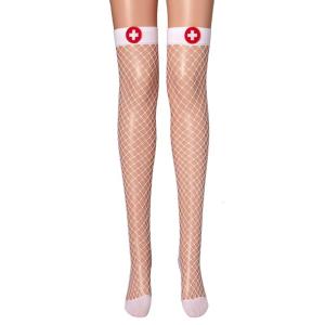 Fishnet trên tất Dài TớI GốI cho phụ nữ đàn hồi cao tới đùi tất dài với chữ thập dấu hiệu Halloween y tá cosplay Hàng dệt kim