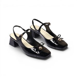 Giày Cao Gót Nữ 4cm Mũi Vuông Da Bóng Phối Nơ Cúc Vàng Thanh Lịch Pixie H464