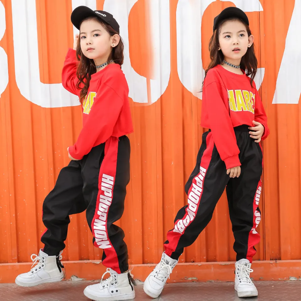 LOlanta 4-16 Years Kids Girls Dance Costume Long-Sleeve Hip Hop Letter  Print Top Or Sports Pants Children Street Dance Contest Photography Wear  Purple Red