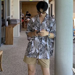 KUMING Hawaiian Floral Shirt Mens Short Sleeved Loose Thin Shirt