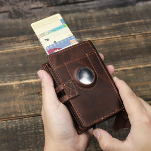 Genuine Leather Men Short Bifold Wallet Male Purse With Airtag Slot Design RFID Aluminum Magic Card Box Coin Purse