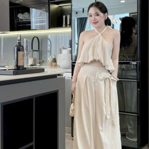 L_ Set tiểu thư đồ công sở nữ set áo cổ yếm thắt nơ nhún bèo Bí bồng hở lưng mix quần dài rộng