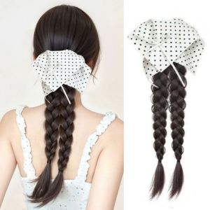 HUNIU Synthetic Double Braided Ponytail Extensions Elegant Bow Banana Claw Clip Ponytail Wig Sweet Natural Polka Dot Pony Tail Hair Piece for Women