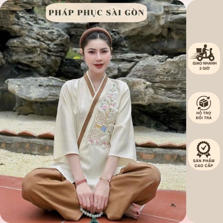 Pháp phục, Bộ Lam đi chùa vạt chéo thêu HOA ANH ĐÀO vải đũi thái, tay ...