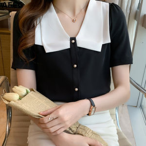 AFEG Korean style short-sleeved V-neck contrast color elegant blouse for women