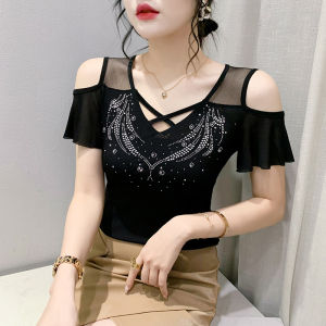 YIMEI 2023 Summer New Heavy Industry Diamond Embedding T-shirt Double Layer Ice Mesh Top Short Sleeve Fashion V-neck Off Shoulder Womens T-shirt