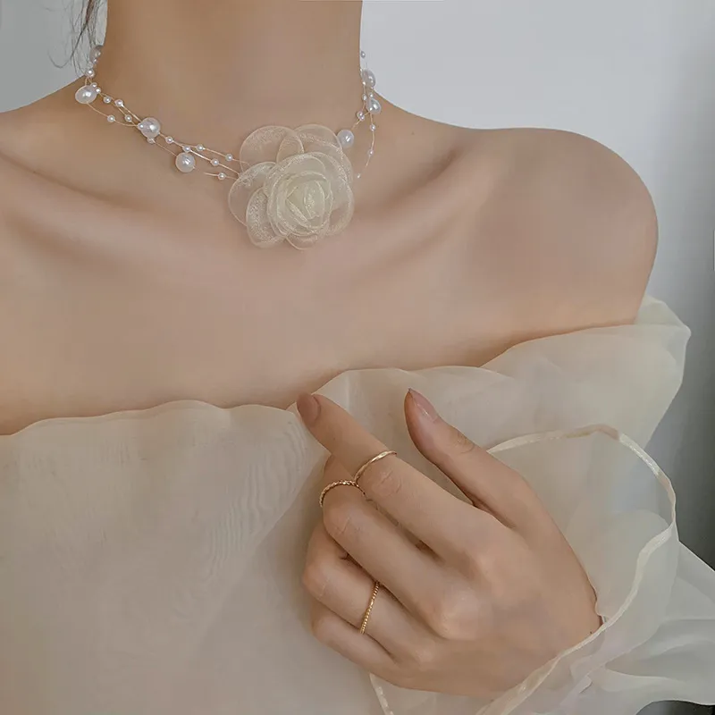 Big Rose Flower Clavicle Chain Pearl Necklace Aesthetic Women Neck French  Choker Elegant