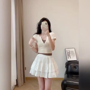 Ammin กระโปรงเอวสูงเอวสูงแบบหวานฉบับภาษาเกาหลีผู้หญิงกระโปรงยีนส์ยาวทรง-กันลื่น2024ฤดูร้อน