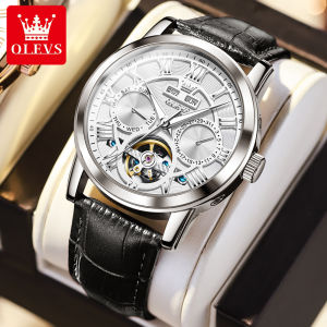OLEVS watch for mens mechanical hot selling model luxury mechanical mens watch waterproof dual calendar luminous hollow multi function dial business leather Men Casual Watches