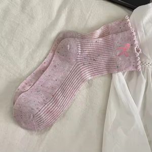 3Pairs JK Bow Short Socks Ins Women Ruffle Middle Tube Ankle Short Breathable Mid-calf Socks Spring Summer Dot Embroidery Bow Hosiery