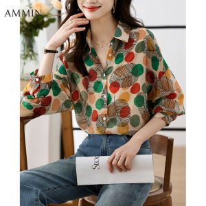 AMMIN 2024เสื้อเบลาส์แฟชั่นแขนยาวสำหรับผู้หญิงเสื้อเบลาส์สไตล์เสื้อชีฟองเกาหลีลำลองเสื้อเบลาส์สไตล์วันหยุด Atasan Sifon ทรงหลวมพิมพ์ลายดอกไม้