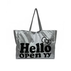 PANG8 สไตล์เกาหลีแบบ กระเป๋าถือ HelloKitty ตัวอักษรสำหรับเด็ก โบว์น๊อต กระเป๋าสะพายไหล่ไนลอน น่ารักน่ารักๆ การออกแบบเฉพาะ กระเป๋าโท้ทสีเงิน สำหรับผู้หญิง