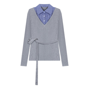 เสื้อยืดแขนยาว สีเทา ผ้าร่อง V-Neck แต่งปกเชิ้ตลายสก็อต พร้อมสายคาดเอว สไตล์เกาหลี #1773