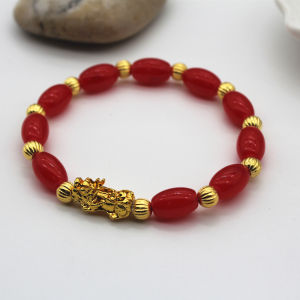 Natural Agate Bracelet Oval Gold Bead Pixiu Bracelet Lucky Wealth Feng Shui Charm Bracelet Women Gift