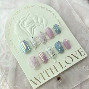 HANDMADE short trapezoid coffin shape Artificial Nail Naked Purple Star diamond Sequins Pearlescent Butterfly cool sweet gentle pearl Nails Reusable and Removable Nails