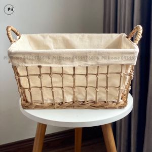 Giỏ Cói Oval Đan Thưa Đựng Đồ Pii Home  Có Tay Cầm Kèm Lót Vải Tiện Dụng