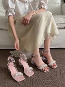 [Free Shipping] Silver sandals for women 2025 summer new style crystal chunky square toe rhinestone strap high heels for outdoor wear