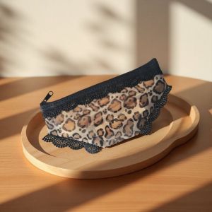 SWIFTTIDE Leopard Print Panties Shaped Makeup Pouch Lace Trimmed Zippered Storage Pouch Stylish Portable Mesh Cosmetic Bag Daily Use