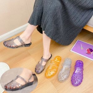 YOCKY Transparent PVC Crystal Slippers Hollow Flower Cover Toe 2 in 1 Slippers Casual Beachwear Shoes Flats Slippers Women Summer