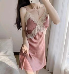 ชุดนอนซาติน ชุดนอนกระโปรงผู้หญิง ผ้าลูกไม้เนื้อนิ่มใส่สบาย สาวอ้วนใส่ได้H9121